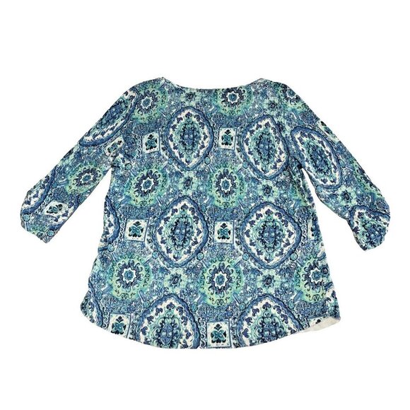 SUMMER BLUES Talbots Blue & Aqua Print Stretch Cotton Pull Over Sweater Size PL - Picture 2 of 7